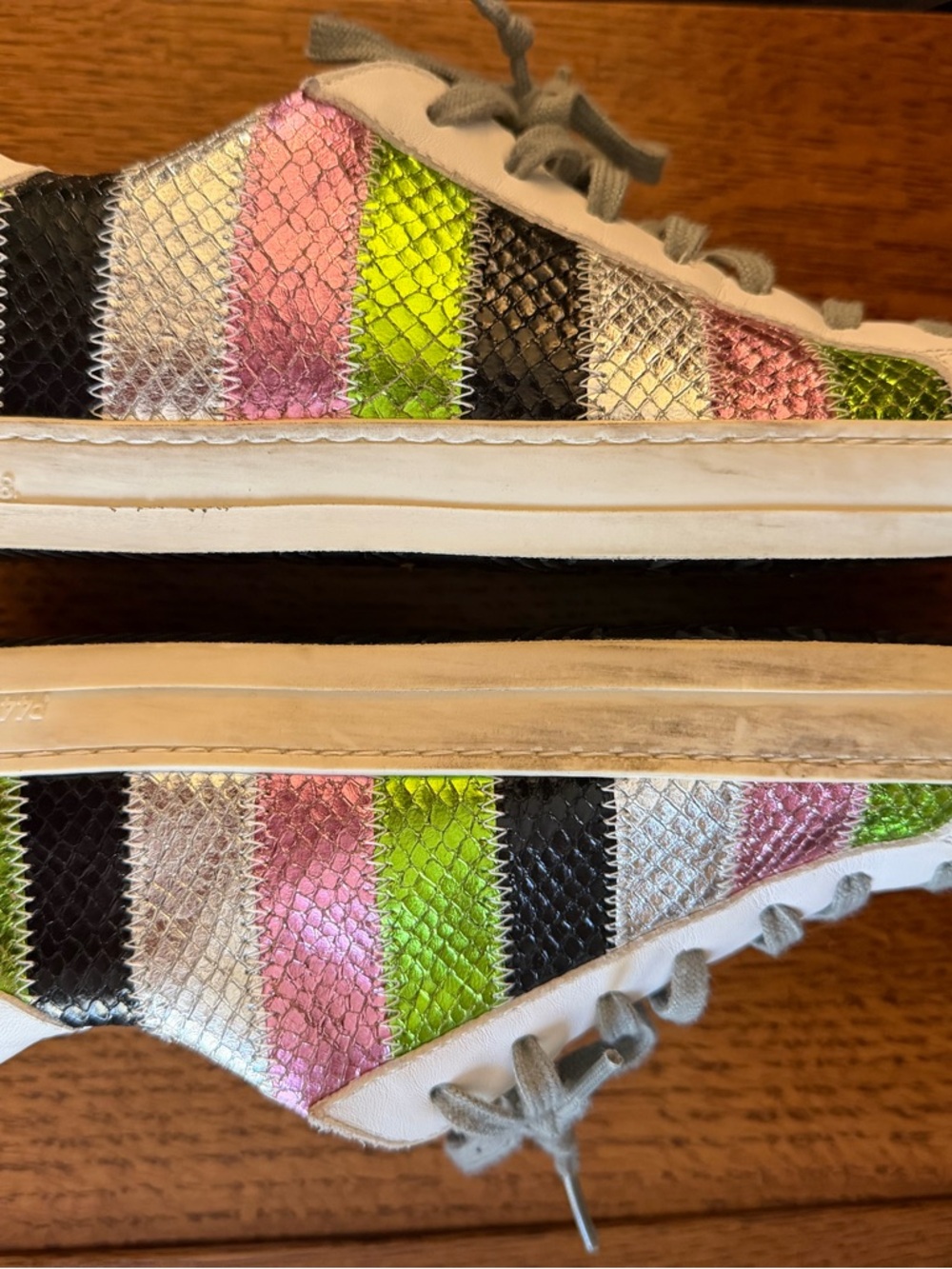 P448 Multicolor Striped Textured Sneakers in Pink, Green, Black metallic size 37